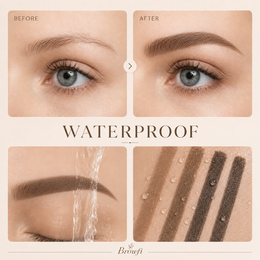 Before and after brow result, waterproof proof and colour swatches